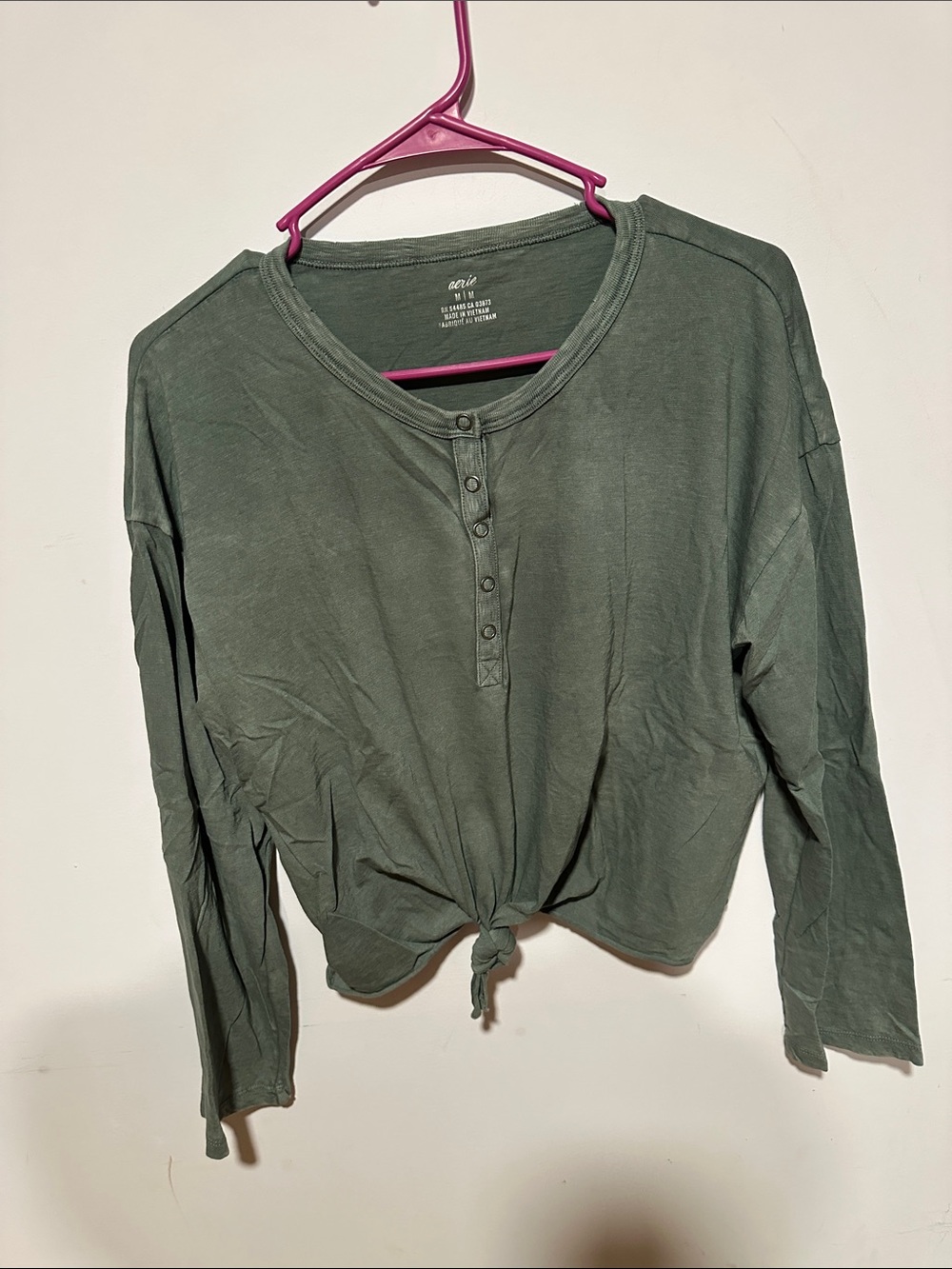 aerie Olive Long-Sleeve Henley Tie-Knot Top